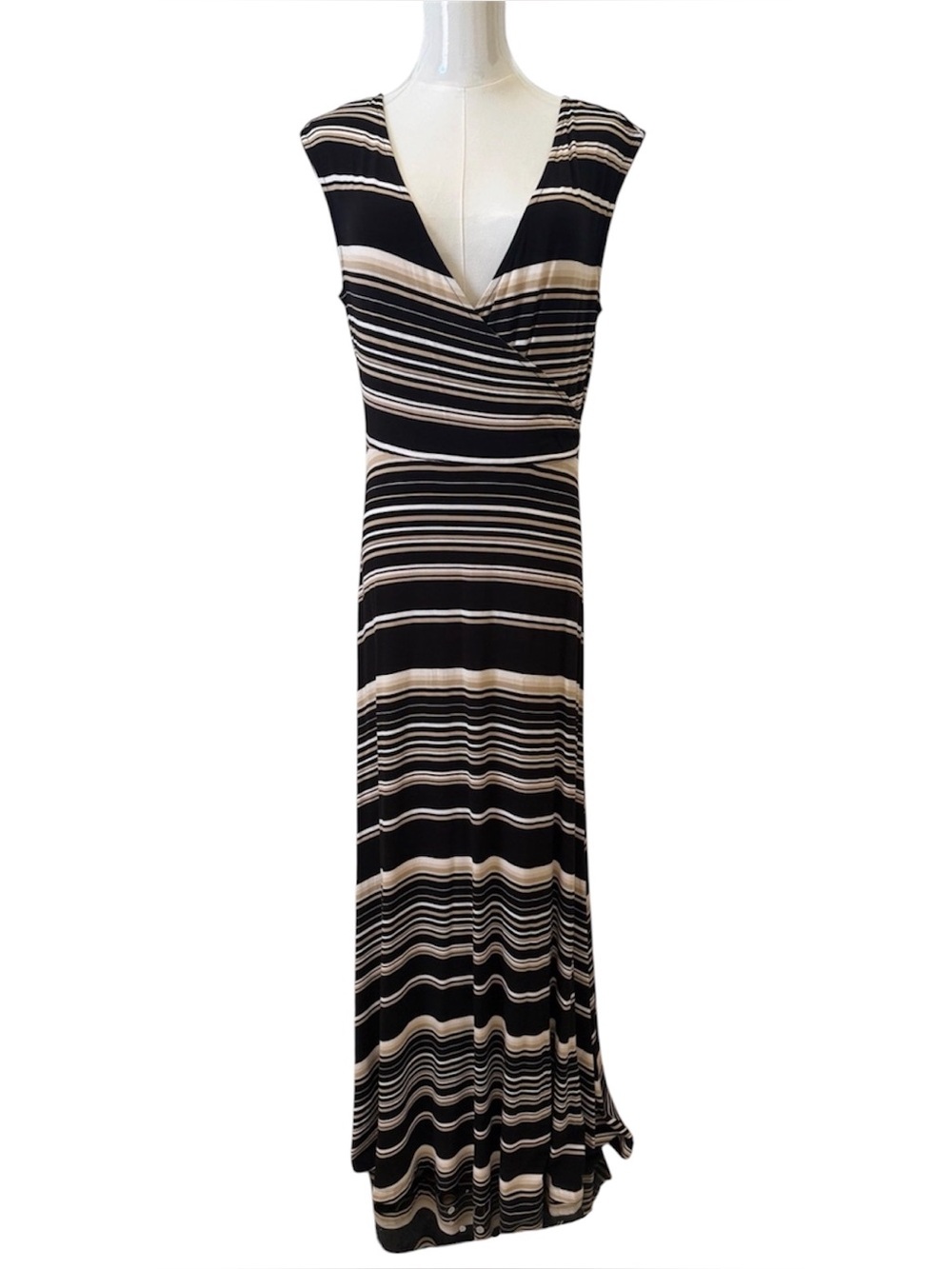 Talbots Sleeveless Black and Cream Striped Surplice V-Neck Knit Maxi Dress Sz.M